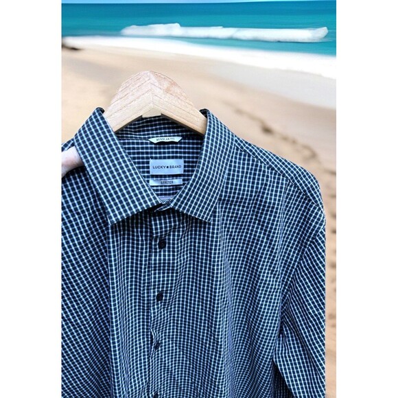 Lucky Brand Stretch Button Up Shirt Black White Check LS Men XL 17/17.5 x 34/35 - Picture 1 of 12